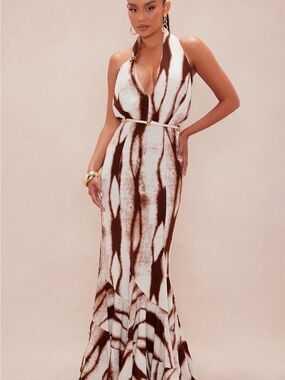 Brown & White Halter Maxi Dress with Belt